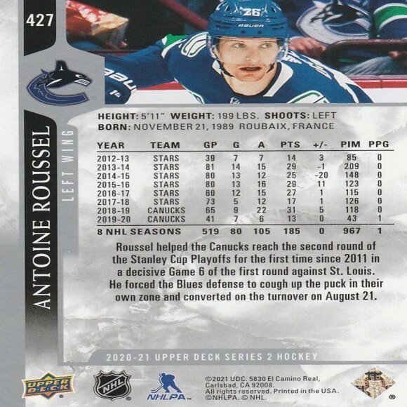Antoine Roussel - 2020/2021 Upper Deck Series 2 Hockey Card - Picture 2 of 2
